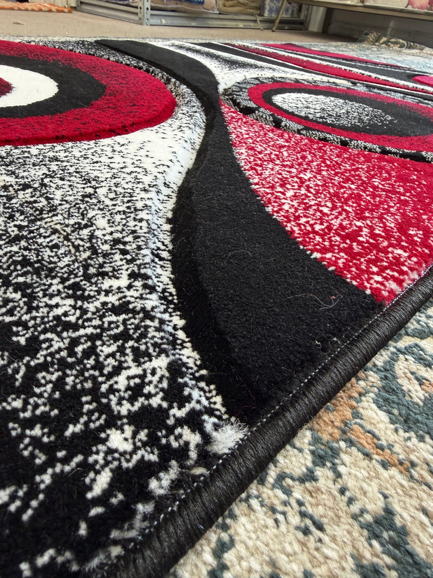 Geometric Area Rug – Crimson Red, Black, and White (3x4)