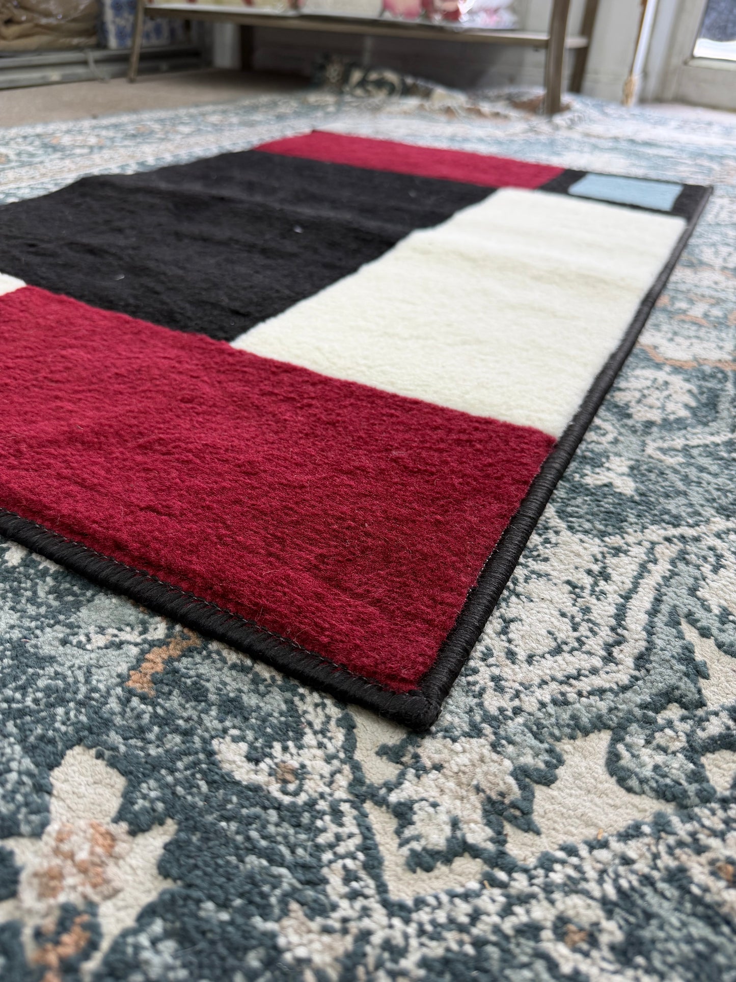 Oasis Area Rug – Burgundy, Black, White, and Light Blue (2x3)