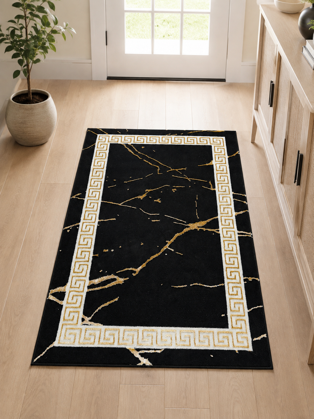 Gold Greek Key Marble Border Rug