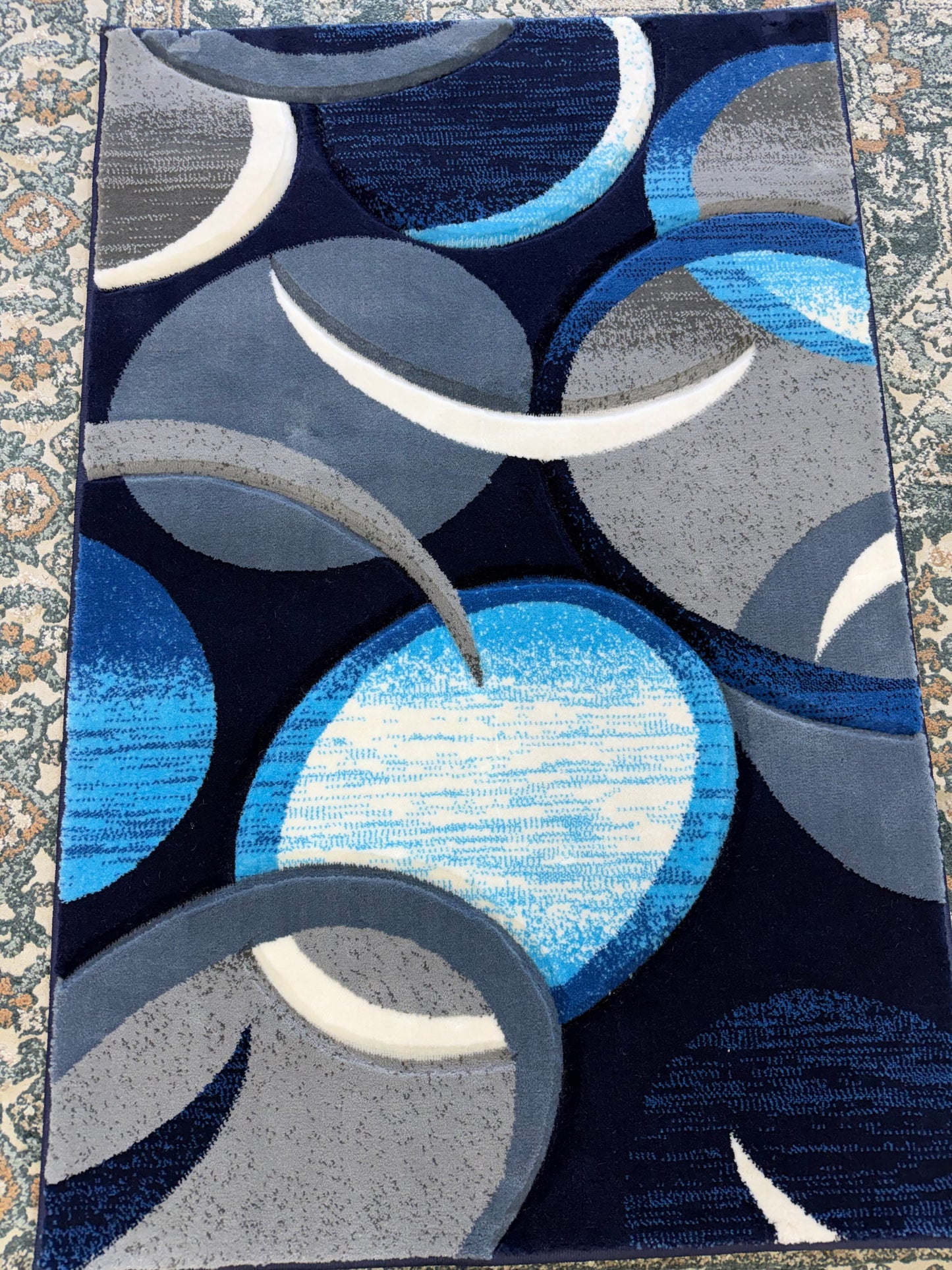 Geometric Area Rug – Navy, Royal Blue, and Grey (3x4)