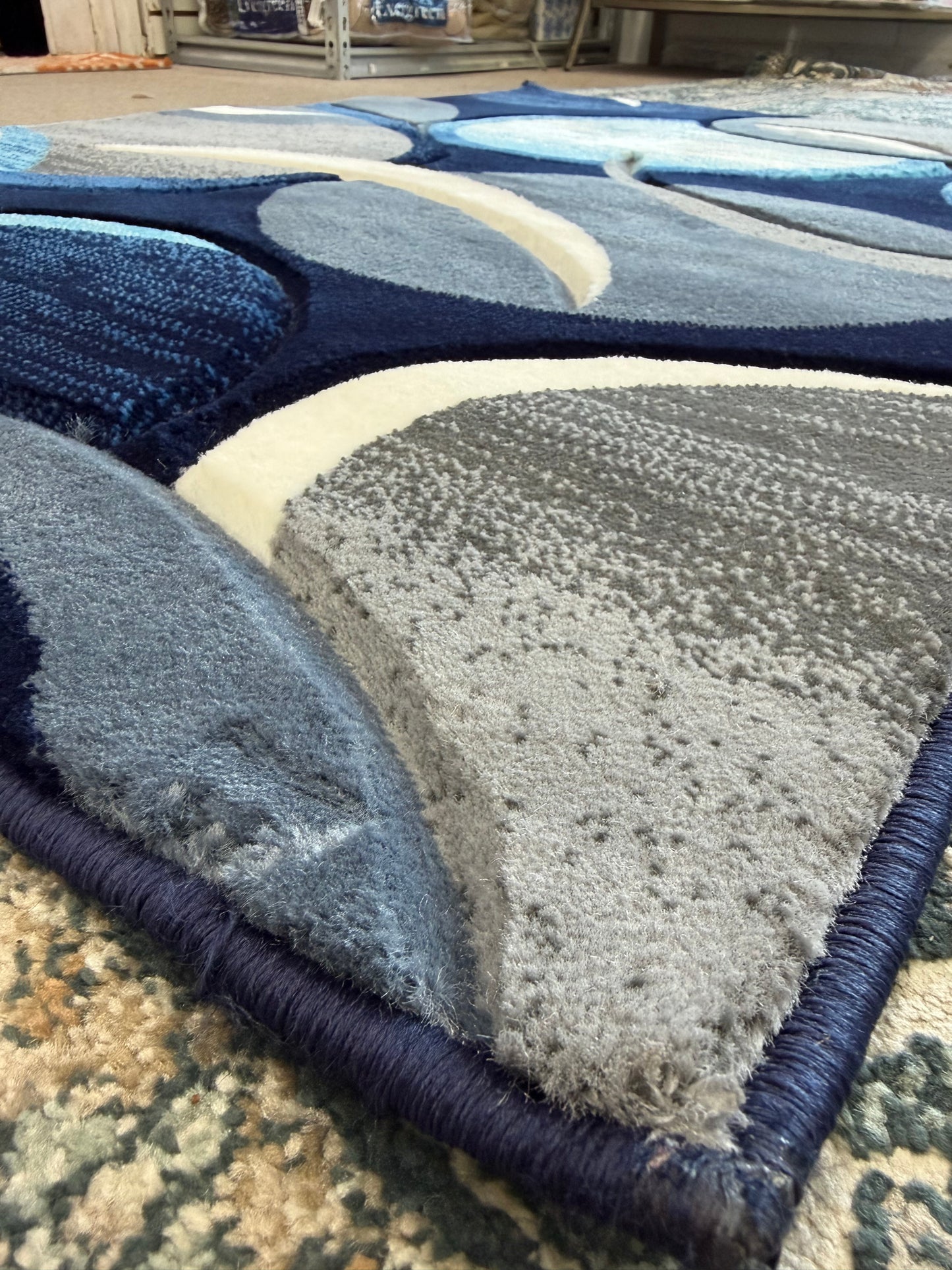 Geometric Area Rug – Navy, Royal Blue, and Grey (3x4)