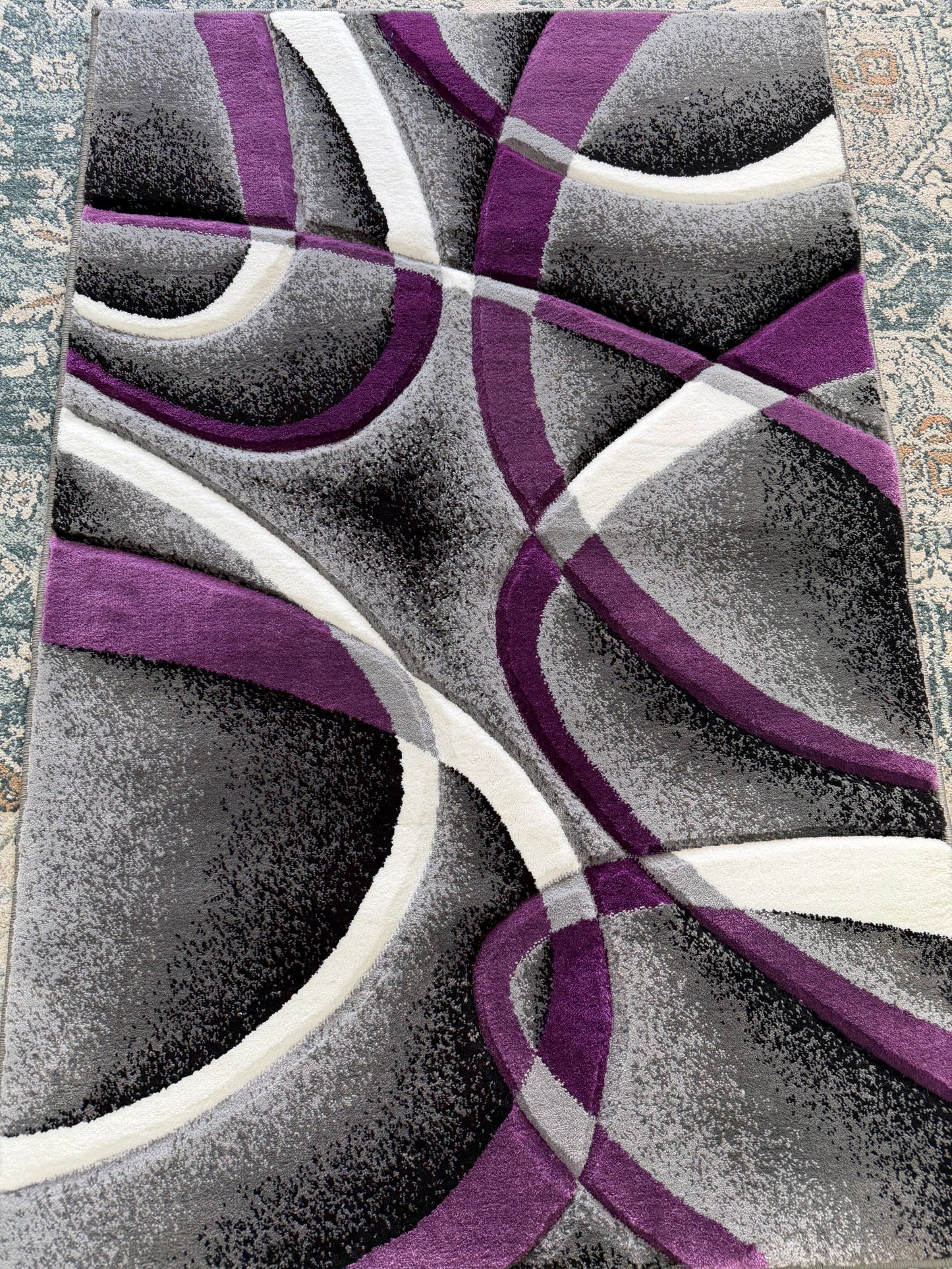 Geometric Area Rug – Purple, Slate Grey, and White (3x4)