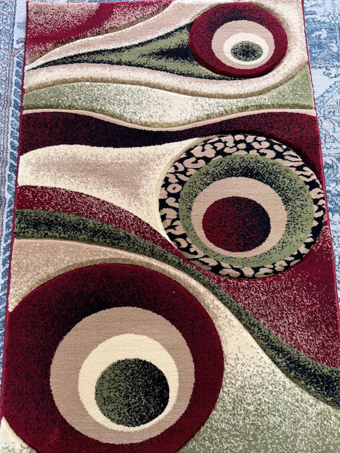 Geometric Area Rug – Burgundy, Sage Green, and Beige (3x4)