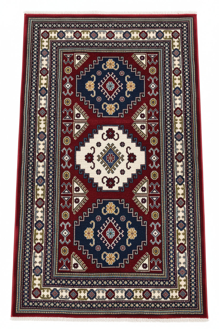 Tribal Area Rug – Red, Navy Blue, and Cream (3x4)