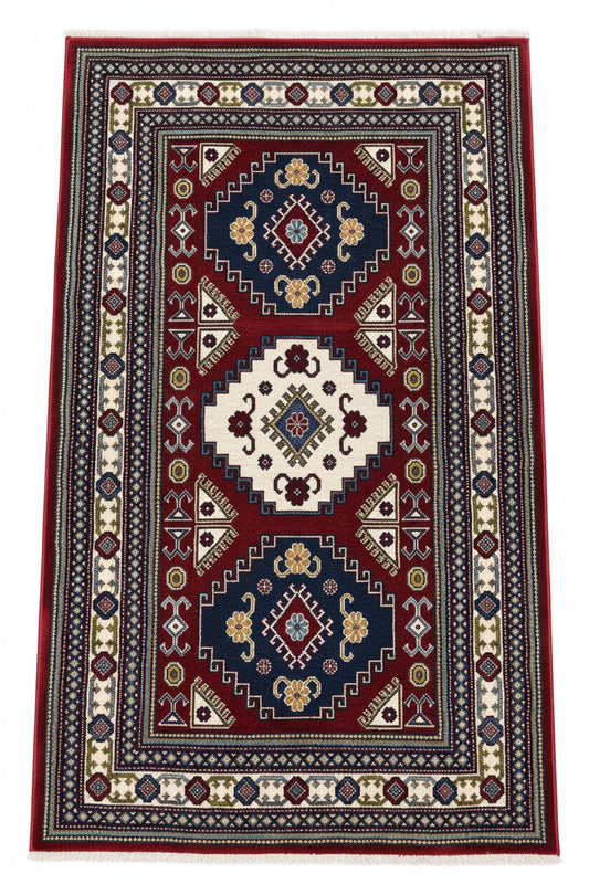 Tribal Area Rug – Red, Navy Blue, and Cream (3x4)