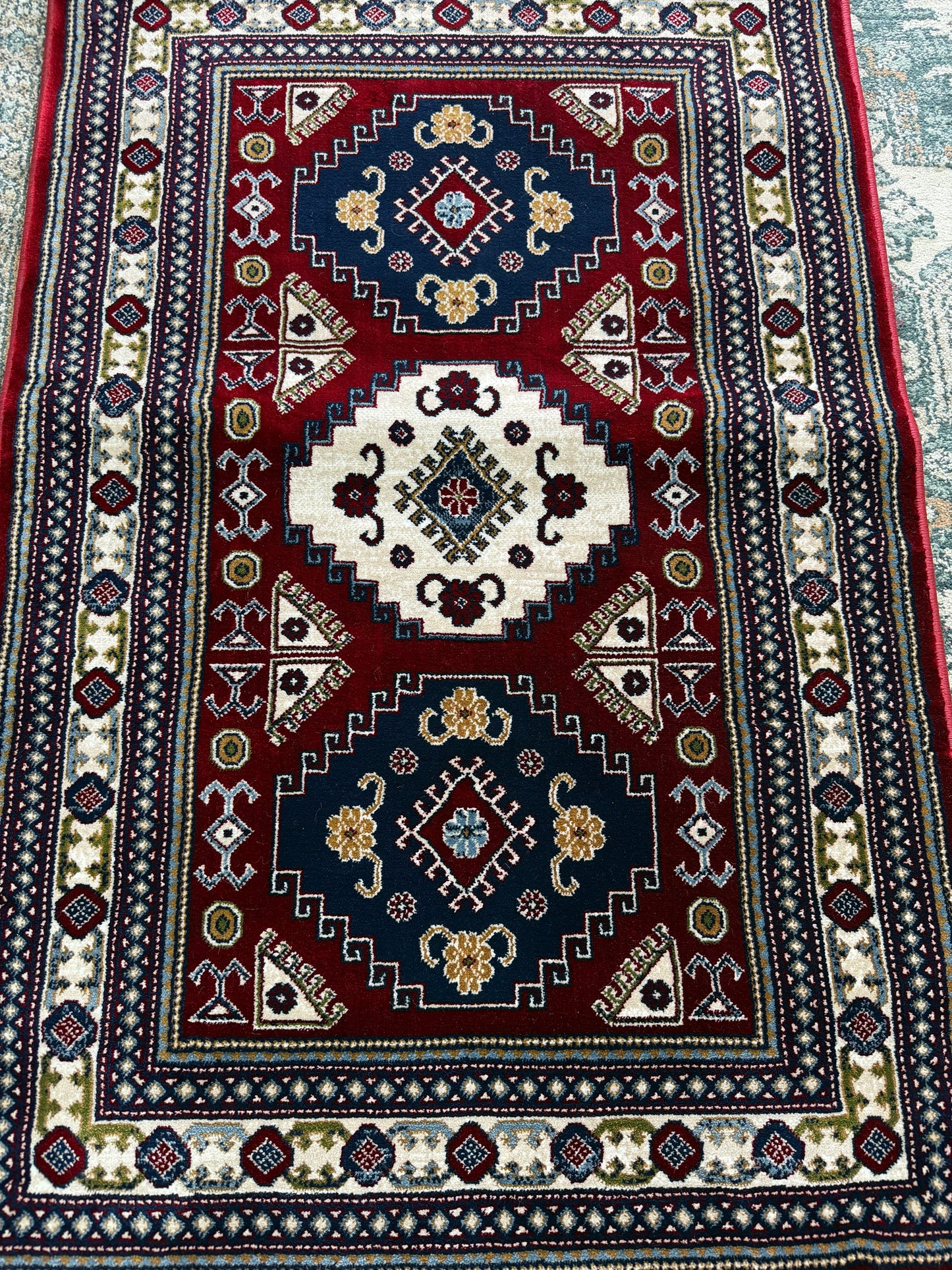 Tribal Area Rug – Red, Navy Blue, and Cream (3x4)