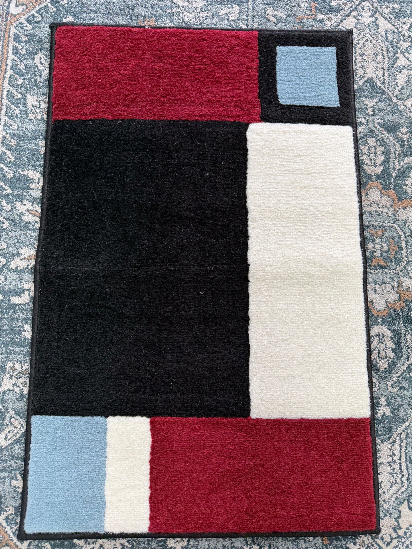 Oasis Area Rug – Burgundy, Black, White, and Light Blue (2x3)